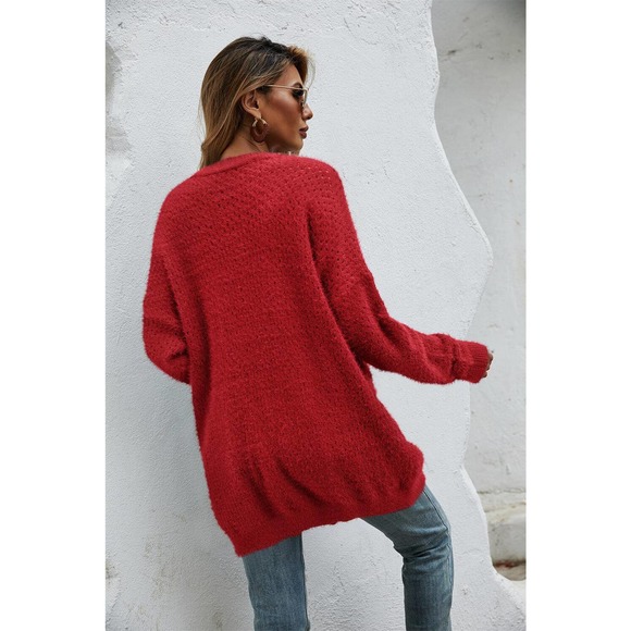 Open Front Openwork Fuzzy Cardigan with Pockets - Picture 2 of 11